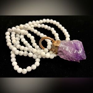 Handmade Cut Purple Rock/Stone Pendant on Beaded OTH Necklace
